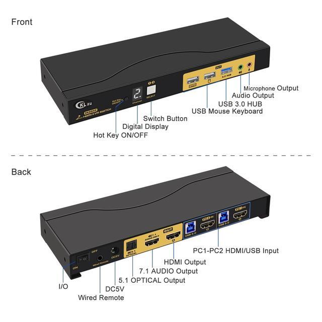 CKLau 2x1 8K 60Hz 4K 144Hz KVM HDMI Switch With Audio And Cables Support Hotkey Switching Emulation EDID 5.1 Channel Digital Fiber Optical Audio 7.1 Surround Sound Audio Output