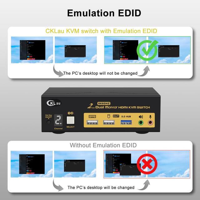 CKLau 2x2 USB 3.0 HDMI KVM Switch 2 Monitors 2 Computers With Cables Support 8K 60Hz 4K 144Hz Emulation EDID Hotkey Switching Digital Display