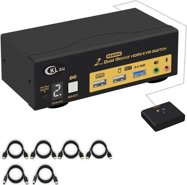 CKLau 2x2 USB 3.0 HDMI KVM Switch 2 Monitors 2 Computers with Cables Support 8K 60Hz 4K 144Hz Emulation EDID Hotkey Switching Digital Display
