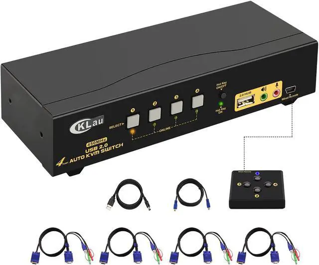 CKLau 4 Port 450MHz USB Auto VGA KVM Switch with Audio and Cables Monitor Switch for Multiple Computers Support Windows Linux Mac Debian Ubuntu Fedora Raspbian Ubuntu