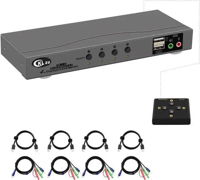 CKLau 4 Port Displayport Cable KVM Switch with Audio and Microphone Support Wireless Keyboard Mouse Remote Switching DP 1.2 Version 4K 60Hz