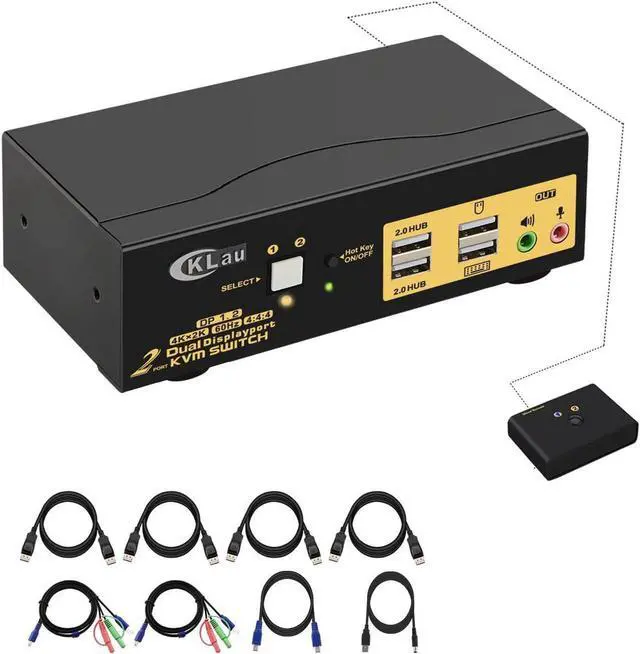 CKLau 4K 60Hz 2 Port Dual Monitor KVM Switch Displayport with Audio USB 2.0 Hub and Cables DP 1.2 KVM Switch 2 Monitors 2 Computers Support Hotkey Switching