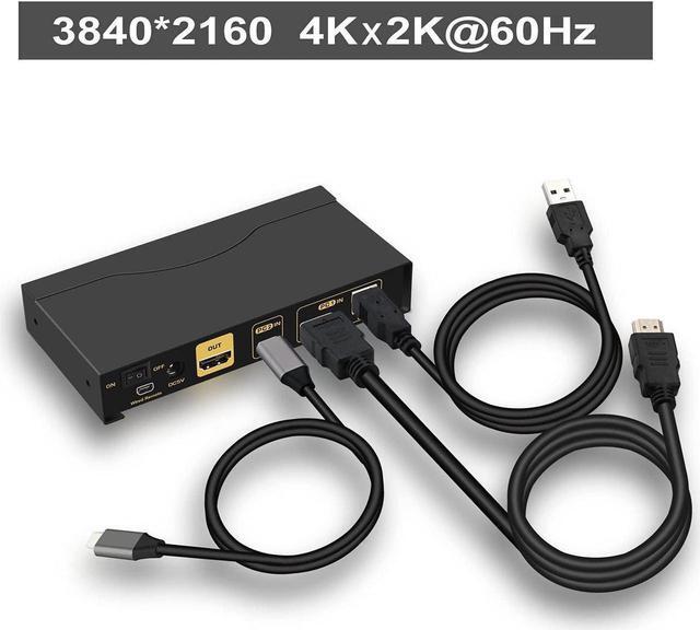 CKLau 4K 60Hz 2 Port KVM HDMI + USB-C With Audio And Cables HDMI KVM Switch USB C For 2 Mac/Computers/Mobile Phone Sharing Monitor Keyboard Mouse
