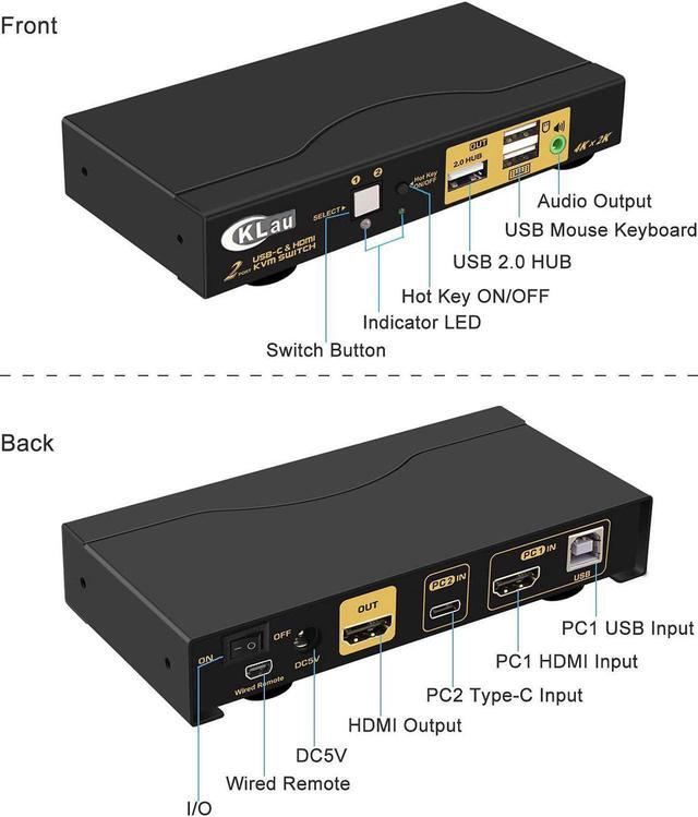 CKLau 4K 60Hz 2 Port KVM HDMI + USB-C With Audio And Cables HDMI KVM Switch USB C For 2 Mac/Computers/Mobile Phone Sharing Monitor Keyboard Mouse
