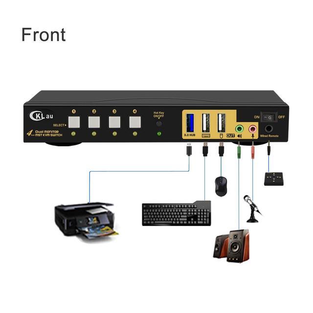 CKLau 4K60Hz 2K 144Hz MST KVM Switch 2 Monitors 4 Compuers (1 DP In DP + HDMI Out) With Cables Audio Microphone USB 3.0 Hub Supports Keyboard Mouse Switching Suit For Laptops PCs