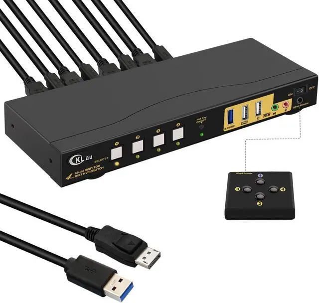 CKLau 4K60Hz 2K 144Hz MST KVM Switch 2 Monitors 4 Compuers (1 DP in DP + HDMI Out) with Cables Audio Microphone USB 3.0 Hub Supports Keyboard Mouse Switching Suit for Laptops PCs