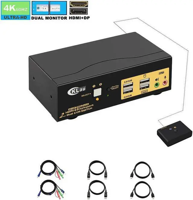 CKLau 4Kx2K 60Hz 2 Port HDMI + Displayport Dual Monitor KVM Switch with Audio USB 2.0 Hub and Cables Support HDMI 2.0 HDCP 2.2 HDR 10