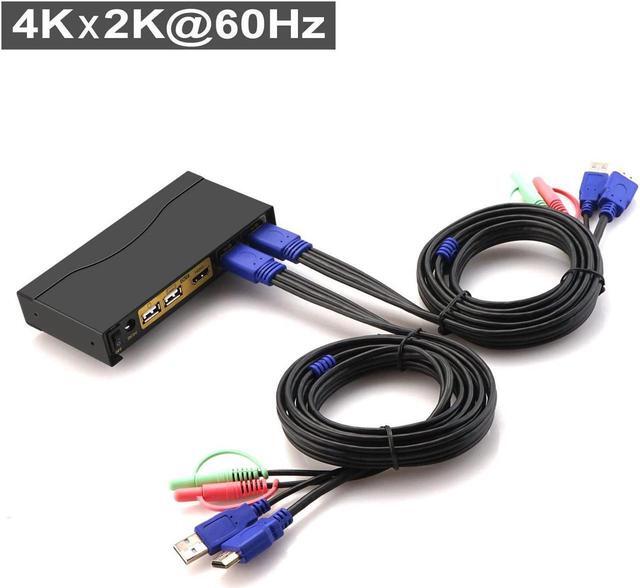 CKLau 4Kx2K 60Hz 2 Port KVM HDMI Switch With Audio And Cable Dual Port KVM Switch HDMI For 2 Computers Sharing Keyboard Mouse Monitor And USB 2.0 Peripheral Support HDMI 2.0 HDR 10 EDID