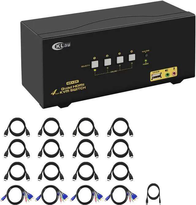 CKLau 4Kx2K 60Hz 4 Port Quad Monitor KVM HDMI Switch with Audio Microphone USB 2.0 Hub Cables for 4 Computers Sharing Single Keyboard Mouse and 4 Monitors Support HDMI 2.0 EDID