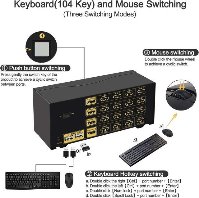 CKLau 4Kx2K 60Hz 4 Port Quad Monitor KVM HDMI Switch With Audio Microphone USB 2.0 Hub Cables For 4 Computers Sharing Single Keyboard Mouse And 4 Monitors Support HDMI 2.0 EDID