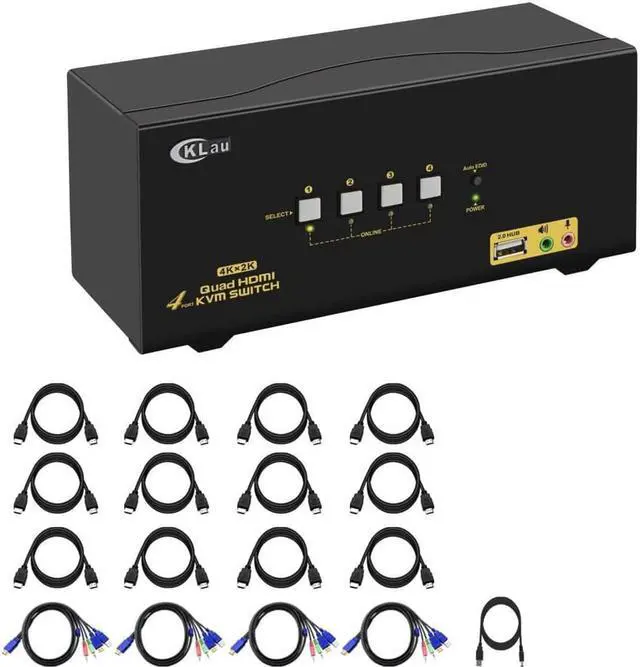 CKLau 4Kx2K 60Hz 4 Port Quad Monitor KVM HDMI Switch with Audio Microphone USB 2.0 Hub Cables for 4 Computers Sharing Single Keyboard Mouse and 4 Monitors Support HDMI 2.0 EDID
