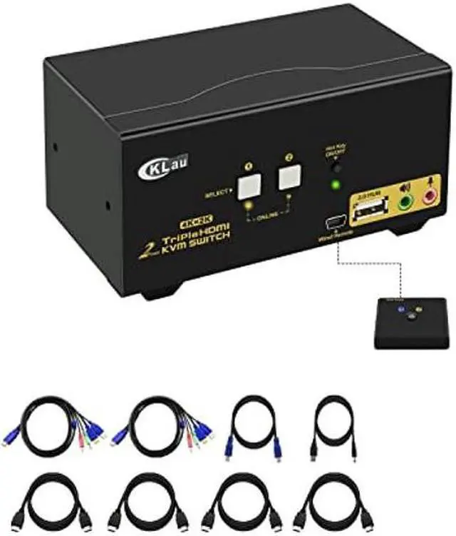 CKLau 4Kx2K 60Hz Dual Port 3 Monitor KVM Switch HDMI with Audio and Cables KVM Switch 3 Monitors 2 Computers Supports HDMI 2.0 Wireless Keyboard Mouse