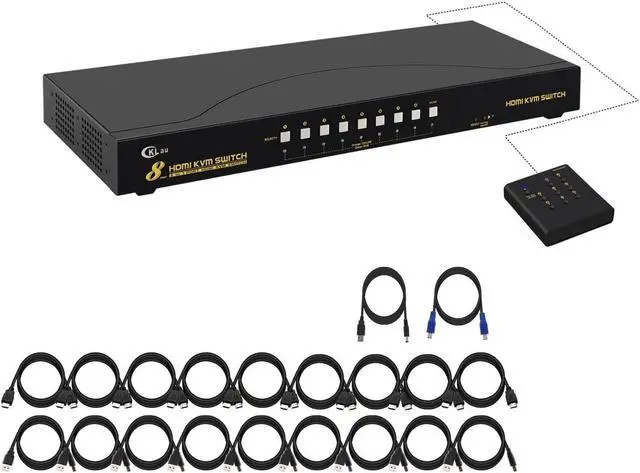 CKLau 4Kx2K 8 Port HDMI KVM Switch with Cables and USB 2.0 Hub Rack Mount KVM Switch Supports Keyboard Mouse Switching for Windows Linux Mac Debian Ubuntu Fedora Raspberry Pi and Ubuntu