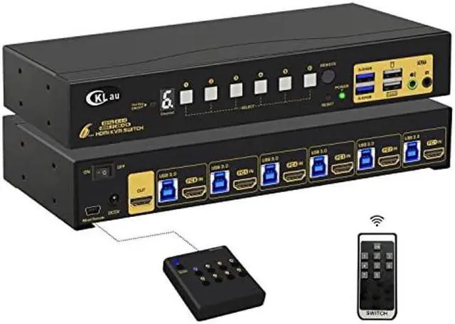 CKLau 6 Port Rack Mount KVM Switch HDMI 2.0 4K60Hz with Audio 2 pcs USB 3.0 Peripheral Hub and Cables for 6 Computers 1 Monitor Supports Hotkey IR Remote Wired Remote Manual Switching
