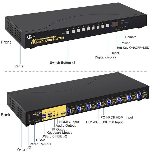 CKLau 8 Port USB 3.0 Rack Mount HDMI KVM Switch 4K60Hz With Audio 2 Pcs USB 3.0 Hub And Cables Supports Keyboard Mouse Switching