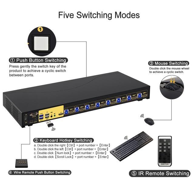 CKLau 8 Port USB 3.0 Rack Mount HDMI KVM Switch 4K60Hz With Audio 2 Pcs USB 3.0 Hub And Cables Supports Keyboard Mouse Switching