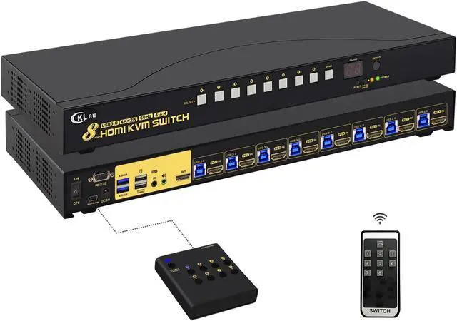 CKLau 8 Port USB 3.0 Rack Mount HDMI KVM Switch 4K60Hz with Audio 2 pcs USB 3.0 Hub and Cables Supports Keyboard Mouse Switching