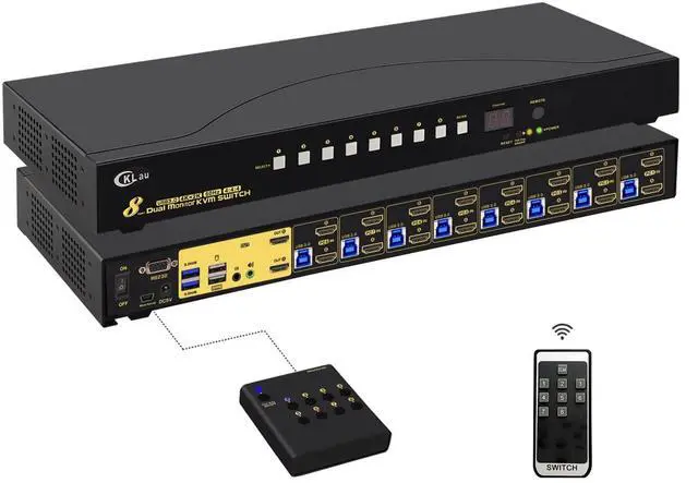 CKLau 8 Port USB 3.0 Rack Mount HDMI KVM Switch Dual Monitor 4K60Hz with Audio 2 pcs USB 3.0 Hub and Cables Keyboard Mouse Hotkey Switcher Box Supports IR Wireless Switching