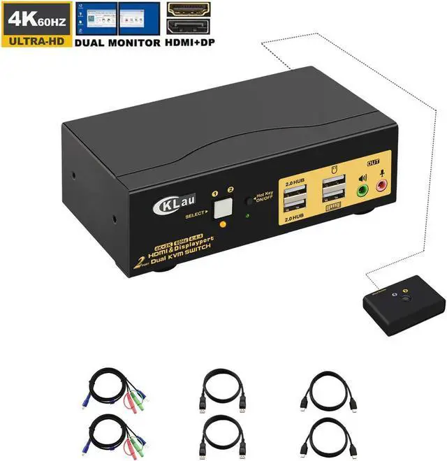 CKLau Dual Monitors HDMI Displayport KVM Switches 2 Port 4K 60Hz HDMI + Displayport Dual Monitor KVM Switch with Audio USB 2.0 Hub and Cables Support HDMI 2.0 HDCP 2.2 HDR 10