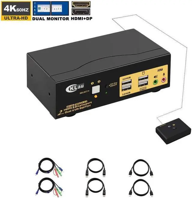 CKLau Dual Monitors HDMI Displayport KVM Switches 2 Port 4K 60Hz HDMI + Displayport Dual Monitor KVM Switch with Audio USB 2.0 Hub and Cables Support HDMI 2.0 HDCP 2.2 HDR 10
