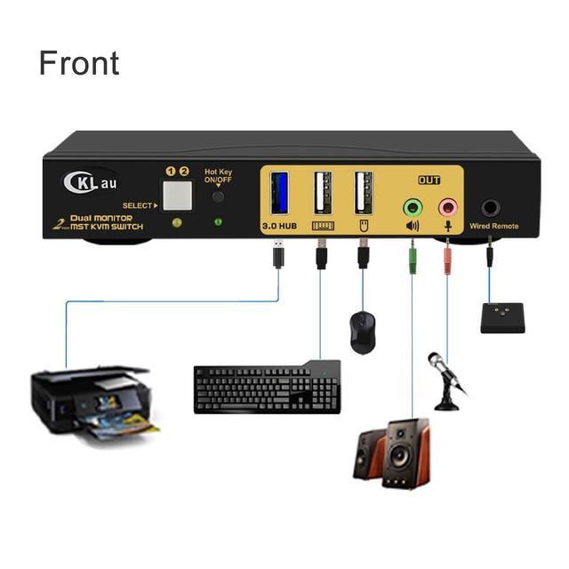 CKLau MST Dual Monitor KVM Switch Displayport HDMI 4K60Hz 2K 144Hz (1 DP In DP + HDMI Out) With Audio Microphone All Input Cables USB 3.0 Hub For 2 Computers Supports Keyboard Mouse Switching