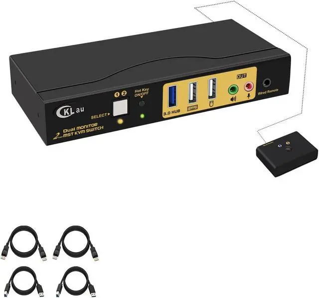 CKLau MST Dual Monitor KVM Switch Displayport HDMI 4K60Hz 2K 144Hz (1 DP in DP + HDMI Out) with Audio Microphone All Input Cables USB 3.0 Hub for 2 Computers Supports Keyboard Mouse Switching