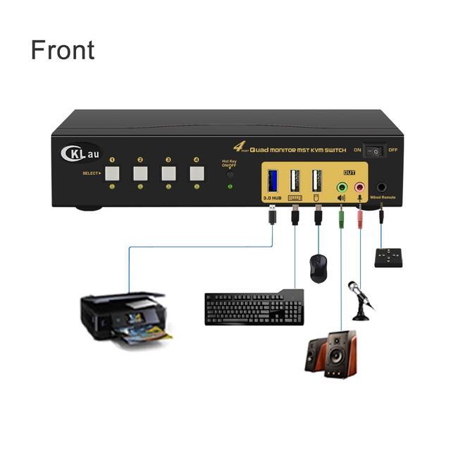 CKLau MST KVM Switch 4 Monitor 4 Computers (2 Displayport In 2 Displayport + 2 HDMI Out) 4K60Hz 2K 144Hz With Cables Audio Microphone And USB 3.0 Hub Supports Hot Key Switching