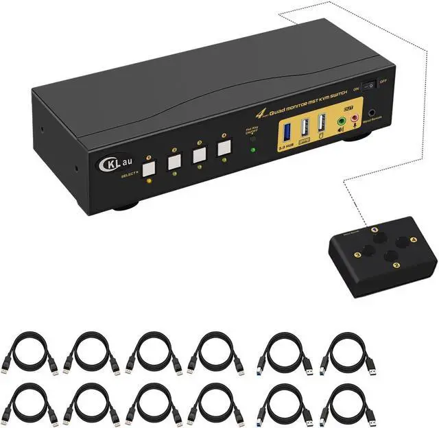CKLau MST KVM Switch 4 Monitor 4 Computers (2 Displayport in 2 Displayport + 2 HDMI Out) 4K60Hz 2K 144Hz with Cables Audio Microphone and USB 3.0 Hub Supports Hot Key Switching