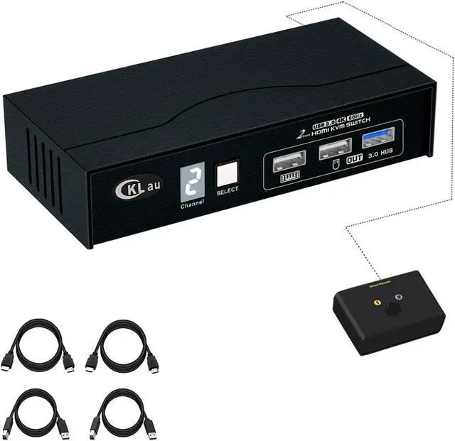 CKLau USB 3.0 2 Port HDMI KVM Switch 4K60Hz 2K144Hz with All Input Cables Digital Display Support Manual Switching Wired Remote Switching