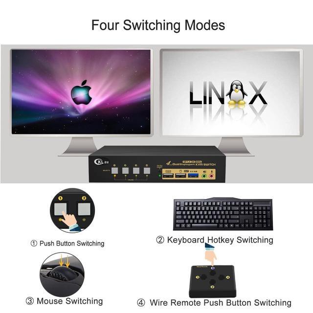 CKLau USB 3.0 4 Port KVM Switch Dual Monitor Displayport 1.4 8K 30Hz 4K 144Hz With Audio And Input Output Cables For 4 Computers Sharing Monitors Keyboard Mouse Peripheral
