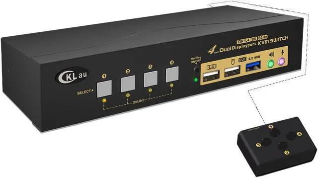 CKLau USB 3.0 4 Port KVM Switch Dual Monitor Displayport 1.4 8K 30Hz 4K 144Hz with Audio and Input Output Cables for 4 Computers Sharing Monitors Keyboard Mouse Peripheral