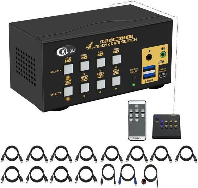 CKLau USB 3.0 Matrix Displayport 1.2 KVM Switch Dual Monitor for 4 Computers 2 Monitors with Audio and Cables Support Simulation EDID HDR 10