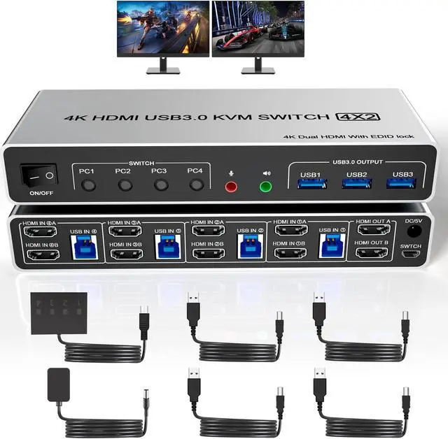 clickfish USB 3.0 HDMI KVM Switch Dual Monitors 4 Computers Supports EDID 4K 60Hz KVM Switch HDMI 2 Monitor 4 PC with Audio Microphone and 3 USB 3.0 Ports 4 Port Dual HDMI Monitor Switch for 4PC