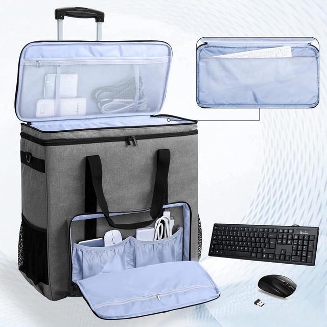 CURMIO Rolling Desktop Computer Carrying Case With Wheels Double Layers Computer Tower Travel Bag With Detachable Dolly For PC Chassis Keyboard And Mouse Gray (Bag Only Patented Design)