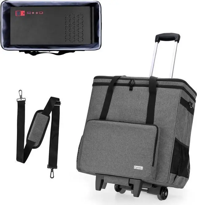 CURMIO Rolling Desktop Computer Carrying Case with Wheels Double Layers Computer Tower Travel Bag with Detachable Dolly for PC Chassis Keyboard and Mouse Gray (Bag Only Patented Design)
