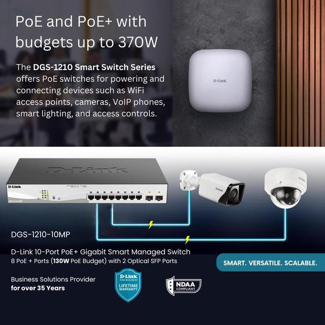 D-Link 10-Port Gigabit Smart Managed PoE+ Switch 8 PoE+ Ports (130W) + 2 Optical SFP PortsL3 LiteNDAA/TAA Compliant (DGS-1210-10MP)