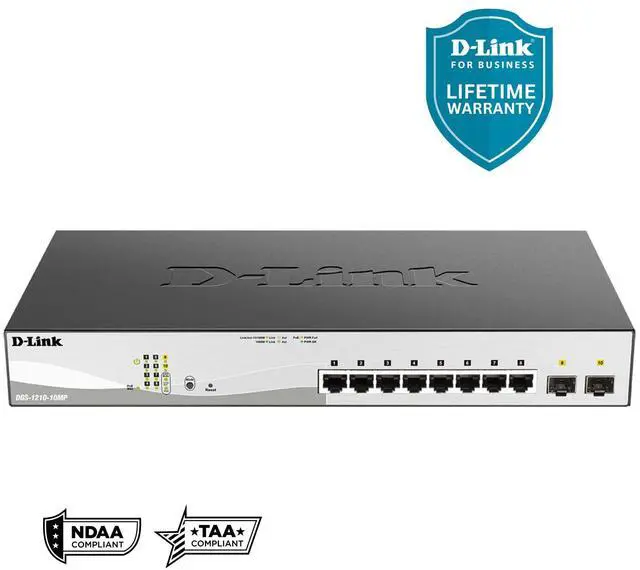 D-Link 10-Port Gigabit Smart Managed PoE+ Switch 8 PoE+ Ports (130W) + 2 Optical SFP PortsL3 LiteNDAA/TAA Compliant (DGS-1210-10MP)