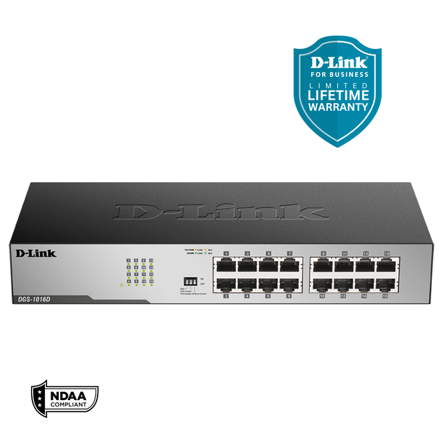 D-Link 16-Port Gigabit Ethernet Unmanaged/ Plug And Play Switch Fanless Metal Compact Desktop/Rackmount - (DGS-1016D)