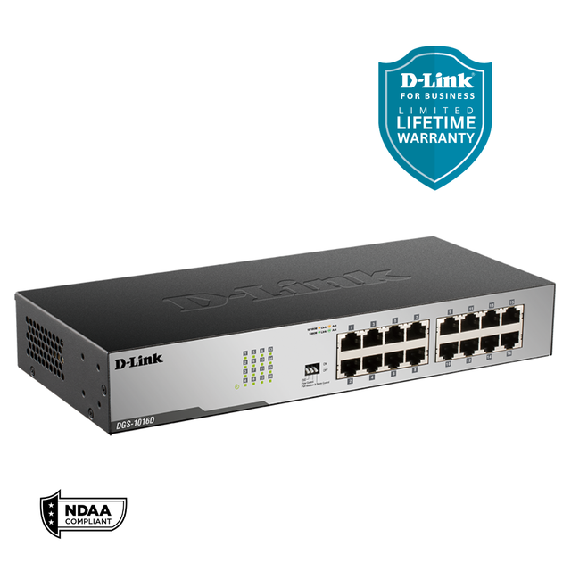 D-Link 16-Port Gigabit Ethernet Unmanaged/ Plug And Play Switch Fanless Metal Compact Desktop/Rackmount - (DGS-1016D)