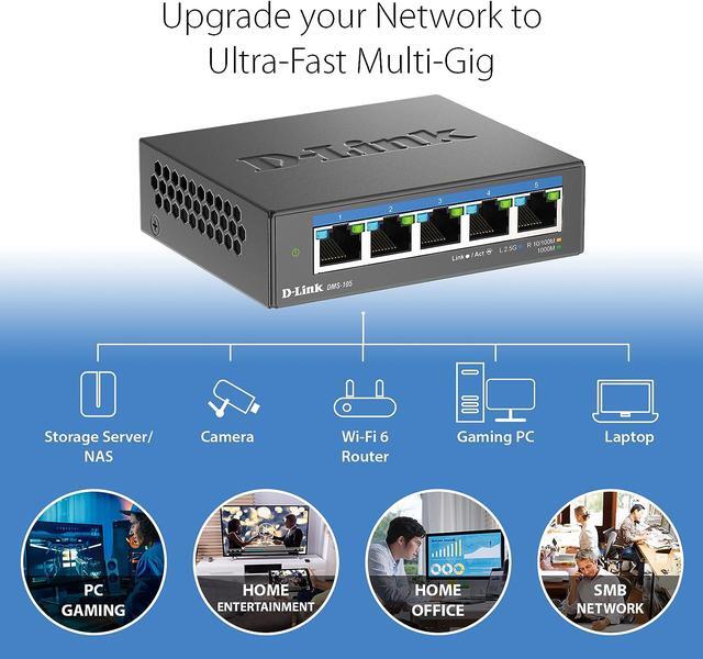 D-Link 5-Port 2.5Gb Unmanaged Gaming Switch With 5 X 2.5Gb - Multi-Gig Network Fanless Plug & Play - (DMS-105)