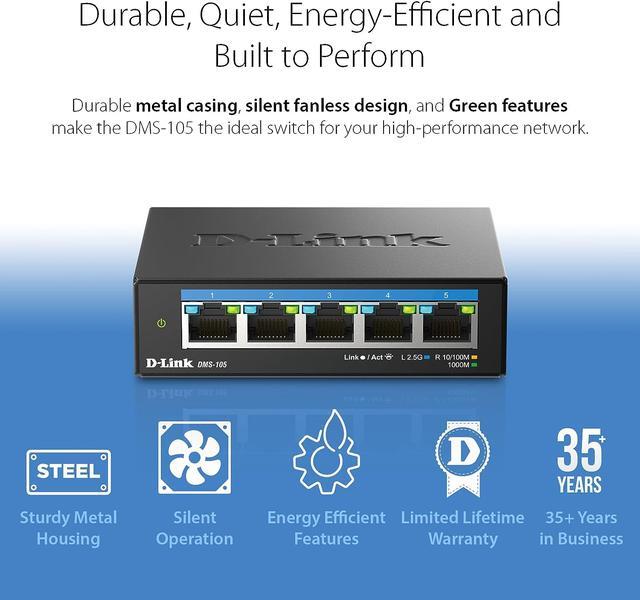 D-Link 5-Port 2.5Gb Unmanaged Gaming Switch With 5 X 2.5Gb - Multi-Gig Network Fanless Plug & Play - (DMS-105)