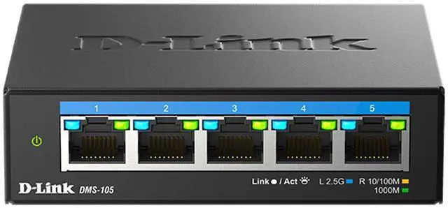D-Link 5-Port 2.5Gb Unmanaged Gaming Switch with 5 x 2.5Gb - Multi-Gig Network Fanless Plug & Play - (DMS-105)