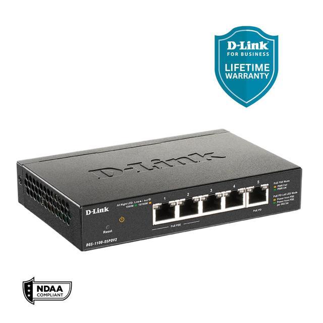 D-Link 5-Port Gigabit Smart Managed PoE-Powered Switch PoE Extender 2 PoE Pass-through Ports Metal Compact NDAA Compliant - (DGS-1100-05PDV2)
