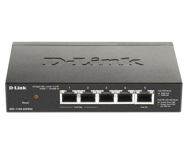 D-Link 5-Port Gigabit Smart Managed PoE-Powered Switch PoE Extender 2 PoE Pass-through Ports Metal Compact NDAA Compliant - (DGS-1100-05PDV2)