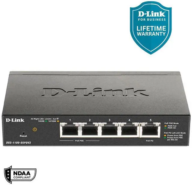 D-Link 5-Port Gigabit Smart Managed PoE-Powered Switch PoE Extender 2 PoE pass-through ports Metal Compact NDAA Compliant - (DGS-1100-05PDV2)