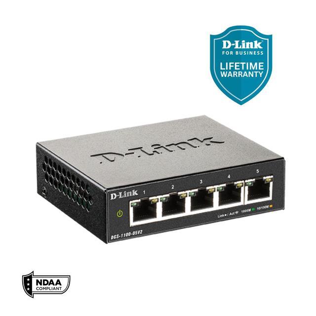 D-Link 5-Port Gigabit Smart Managed Switch Web Managed Cable Diagnostics Fanless Compact Metal Desktop NDAA Compliant - (DGS-1100-05V2)