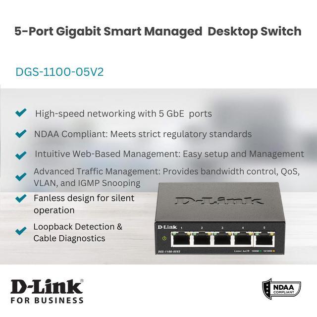D-Link 5-Port Gigabit Smart Managed Switch Web Managed Cable Diagnostics Fanless Compact Metal Desktop NDAA Compliant - (DGS-1100-05V2)