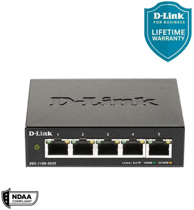 D-Link 5-Port Gigabit Smart Managed Switch Web Managed Cable Diagnostics Fanless Compact Metal Desktop NDAA Compliant - (DGS-1100-05V2)
