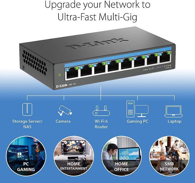 D-Link 8-Port 2.5Gb Unmanaged Gaming Switch With 8 X 2.5G - Multi-Gig Network Fanless Plug & Play - (DMS-108)