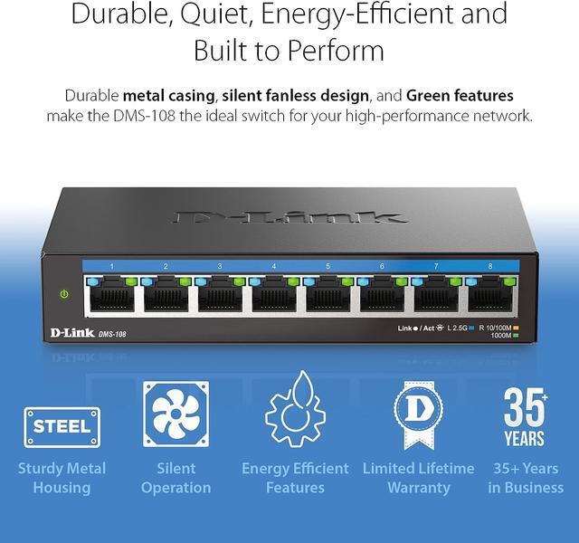 D-Link 8-Port 2.5Gb Unmanaged Gaming Switch With 8 X 2.5G - Multi-Gig Network Fanless Plug & Play - (DMS-108)